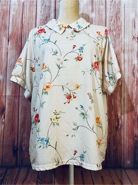 Women’s XL Blouse Pastel Yellow Multicolored Floral Short Sleeves Collared Silky